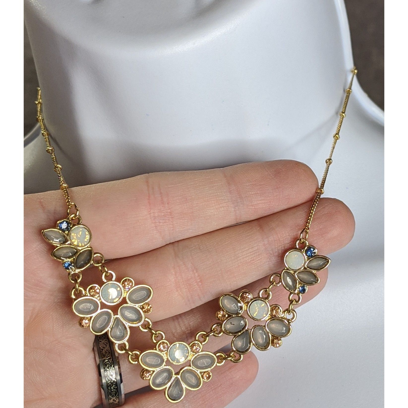 Other Floral Gold Tone Necklace With Faux Opal & Rhinestone Accent Size ONE SIZE - 2 Thumbnail