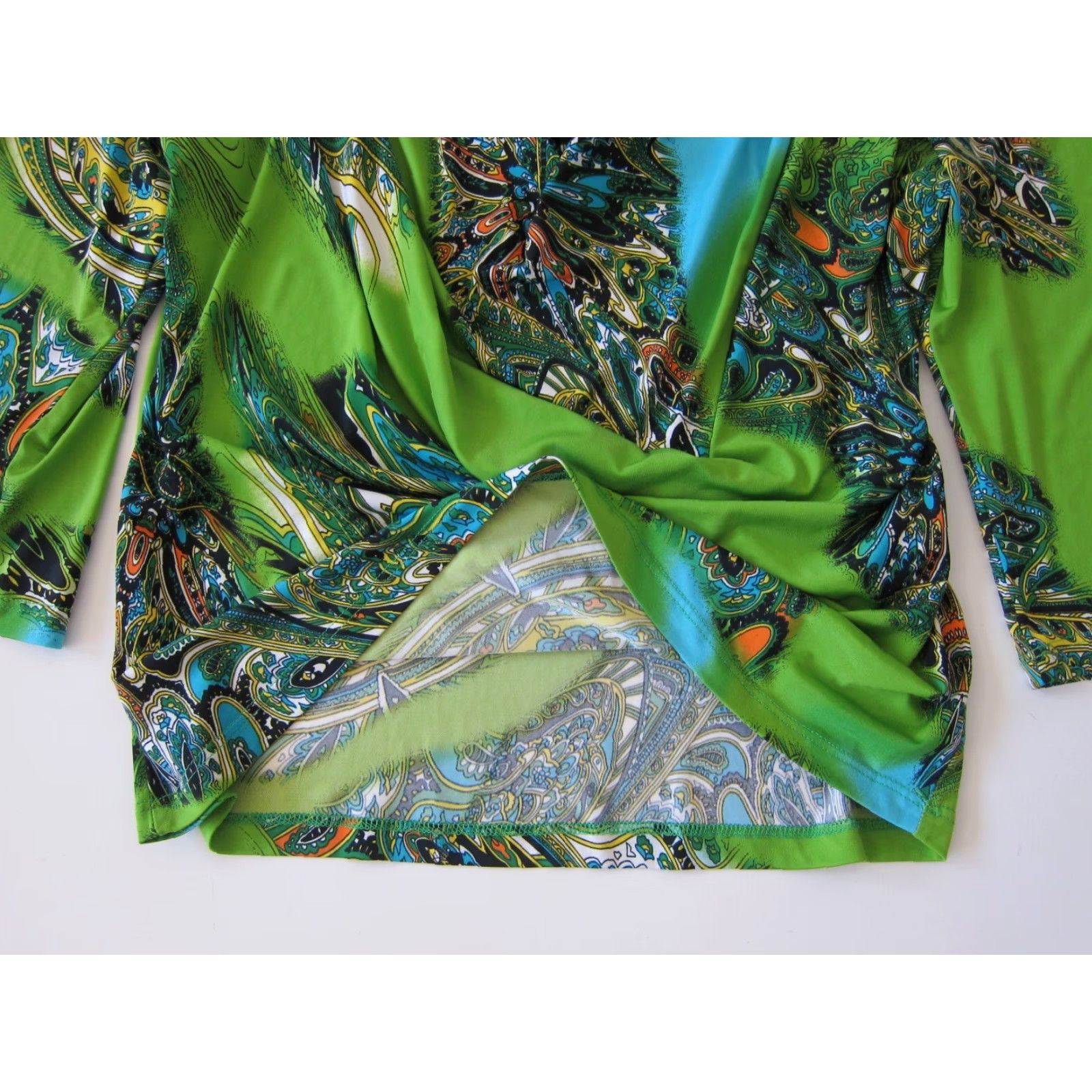 Vintage Caribe Blouse 3/4 Sleeve Ruched Neck Paisley Stretch M Green Black Blue Floral Shirt Womens Size M / US 6-8 / IT 42-44 - 5 Thumbnail
