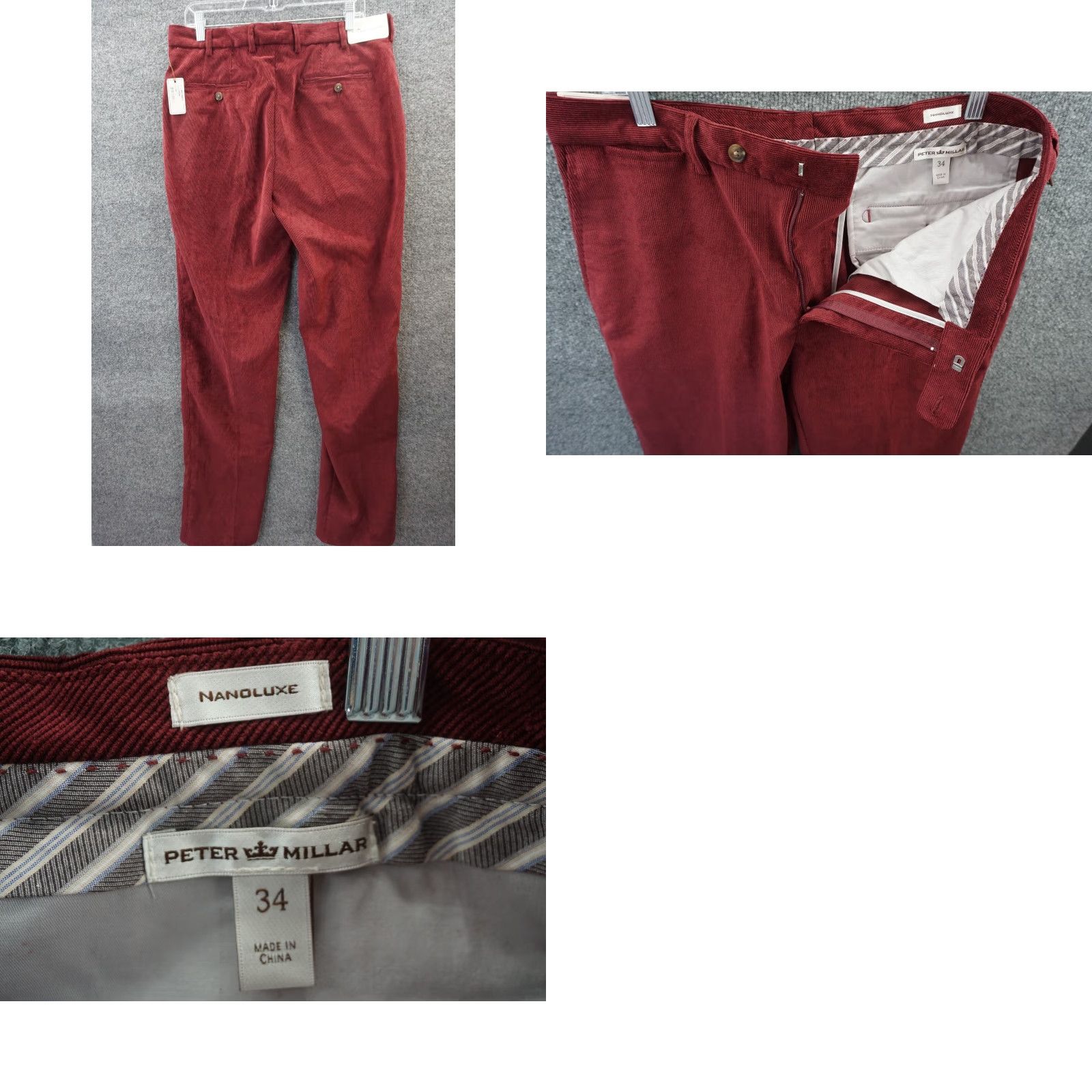 Peter Millar Pants Mens Red Size 34 Corduroy Nanoluxe Flat Front Straight Leg
