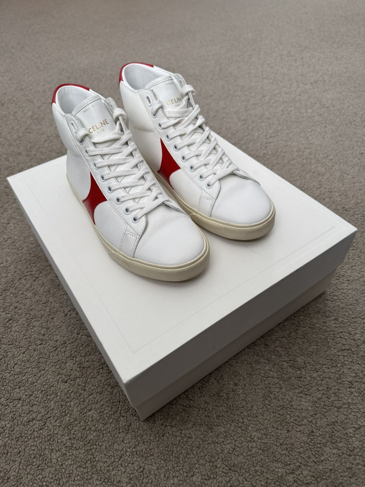 Celine Celine TR 01 Triomphe White & Red Mid Top Sneakers Size US 7 / EU 40 - 1 Thumbnail