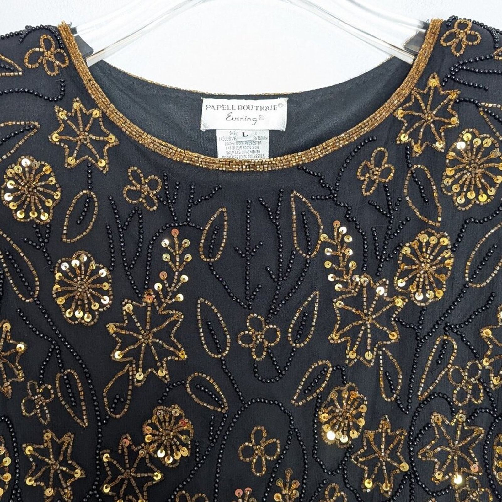 Vintage Papell Boutique Black Beaded Sequin Side Slit Evening Top Size M / US 6-8 / IT 42-44 - 9 Thumbnail