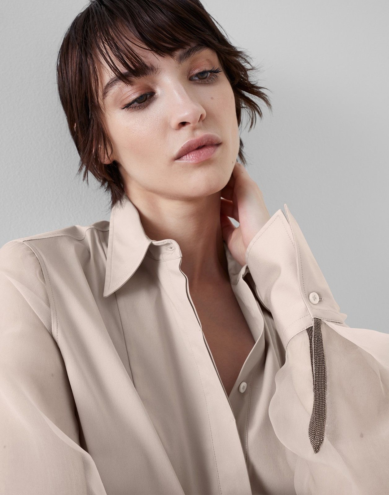 Brunello Cucinelli o1la1rc1a0225 Shirt With Organza Sleeves in Beige Size XL / US 12-14 / IT 48-50 - 4 Thumbnail