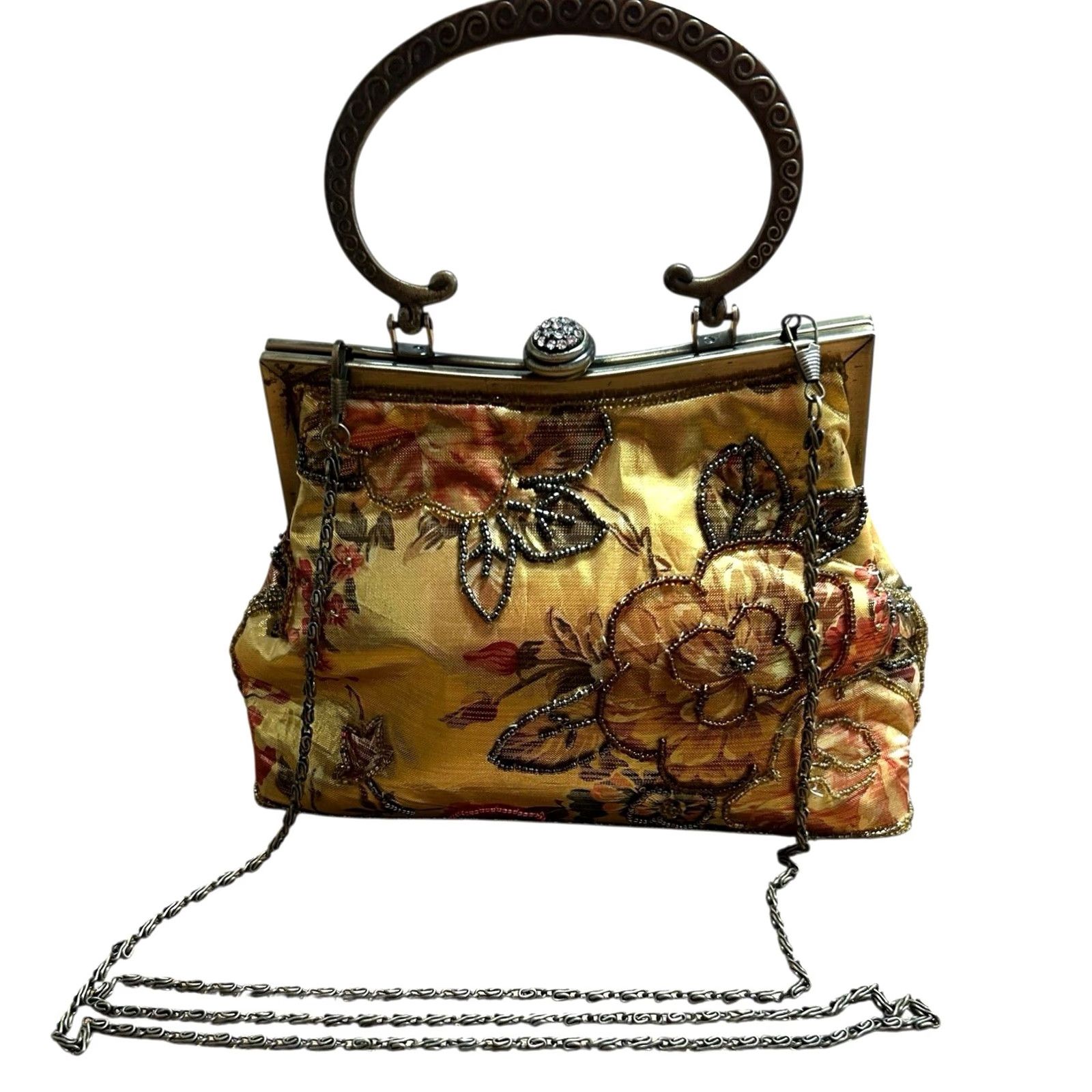 Vintage VINTAGE IN’S Beaded Metallic Floral ShoulderBag Kiss Lock Women Purse ChainStrap Gold Eveningwear Women Size ONE SIZE - 2 Thumbnail