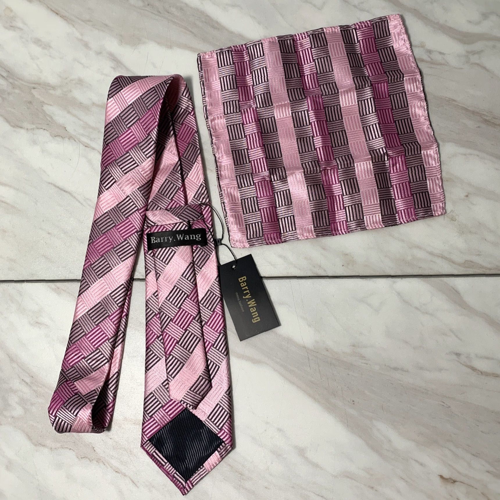 Vintage Barry Wang Designer Tie Set Men's Necktie Handkerchief Gray Pink 100% Silk NEW Size ONE SIZE - 3 Thumbnail
