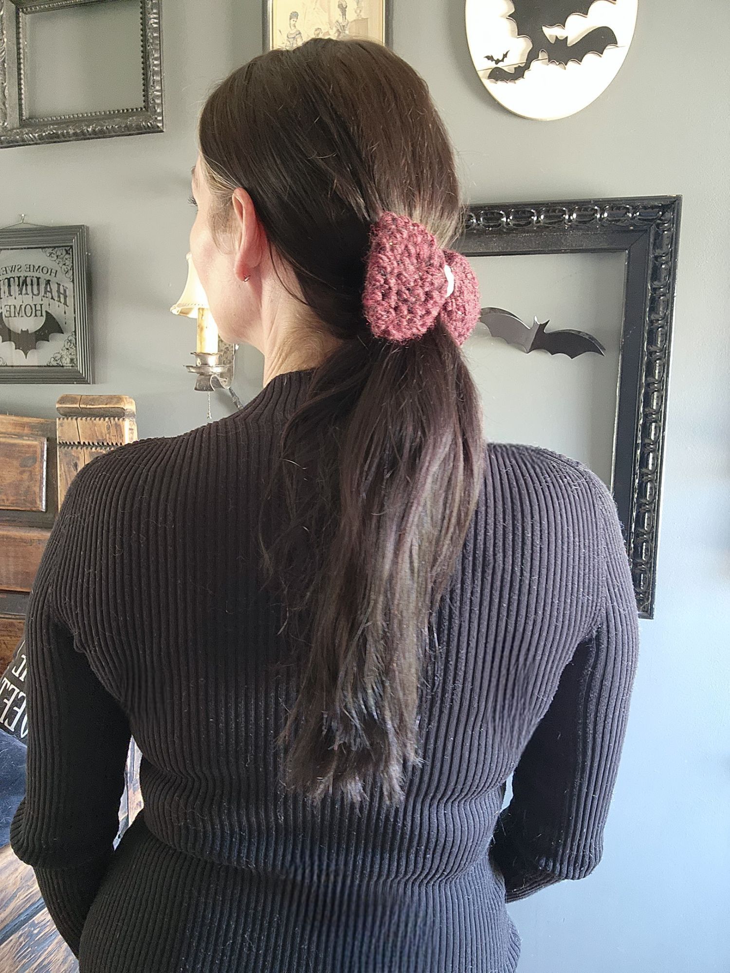 Handmade Knit Hair Bow, Handknitted Burgundy Ponytail Holder or Hair Size ONE SIZE - 11 Thumbnail