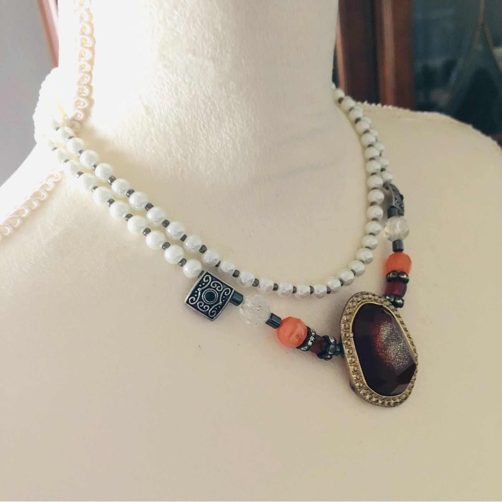 Handmade Handcrafted beaded Czech glass Pearl genuine ruby necklace Size ONE SIZE - 3 Thumbnail