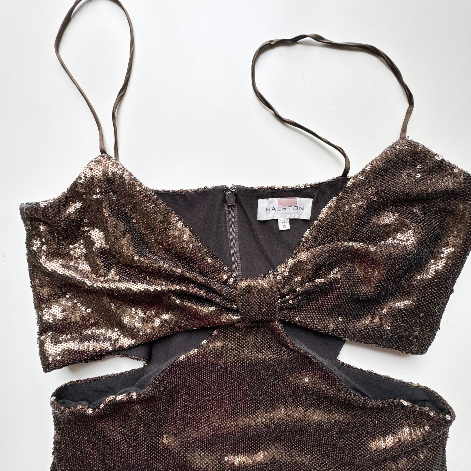 HALSTON Chloe Gown Maxi Dress Sequins Espresso Brown Sz 12