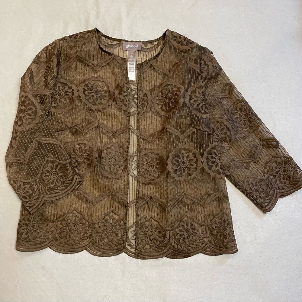 Chicos New Chico's Brown Lace Open Front Jacket Bolero Size 2 US L Size L / US 10 / IT 46 - 5 Thumbnail