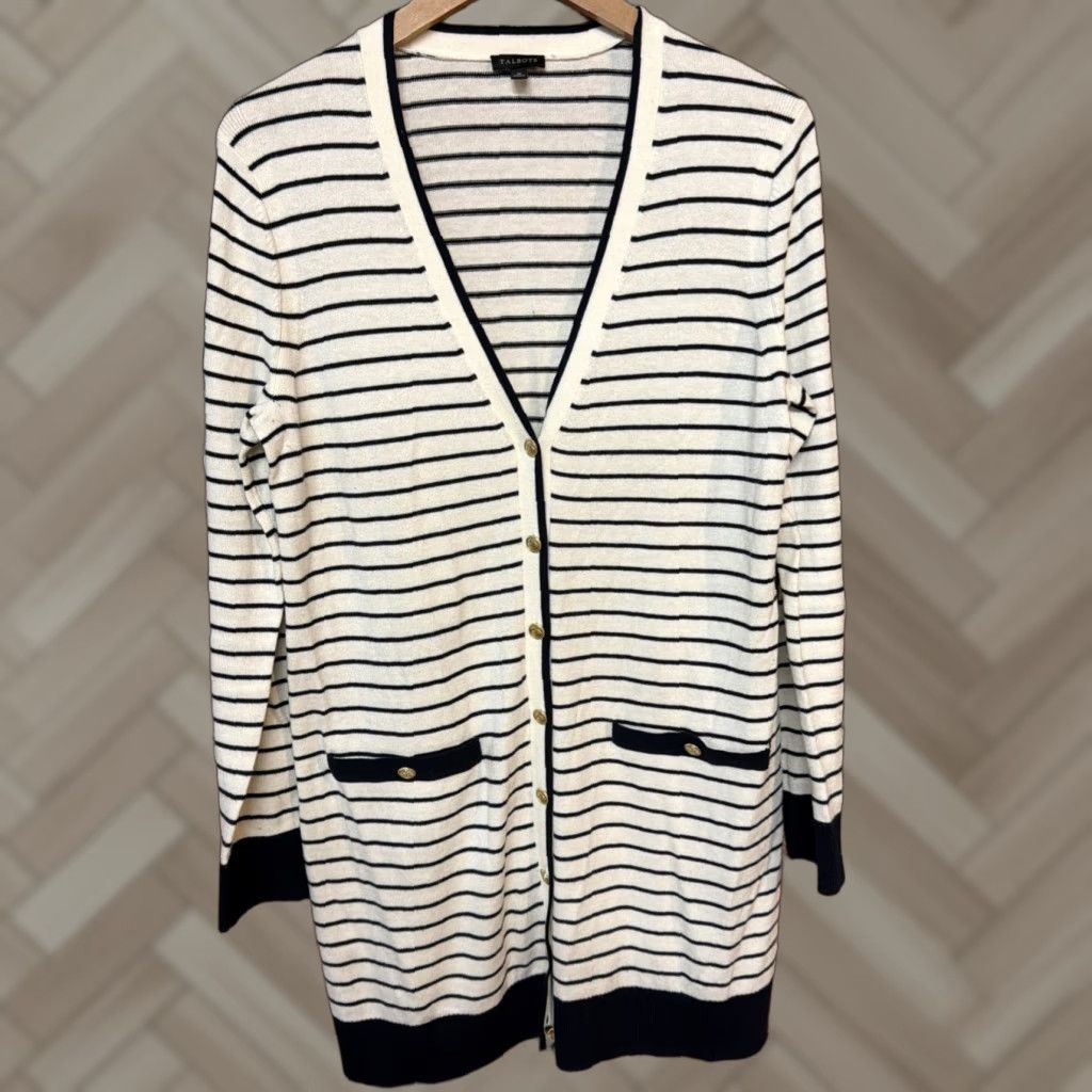 Talbots Talbots Blue White Striped Cardigan Womens Medium Sweater Button Pockets Knit Cotton Vintage: No Size M / US 6-8 / IT 42-44 - 1 Thumbnail