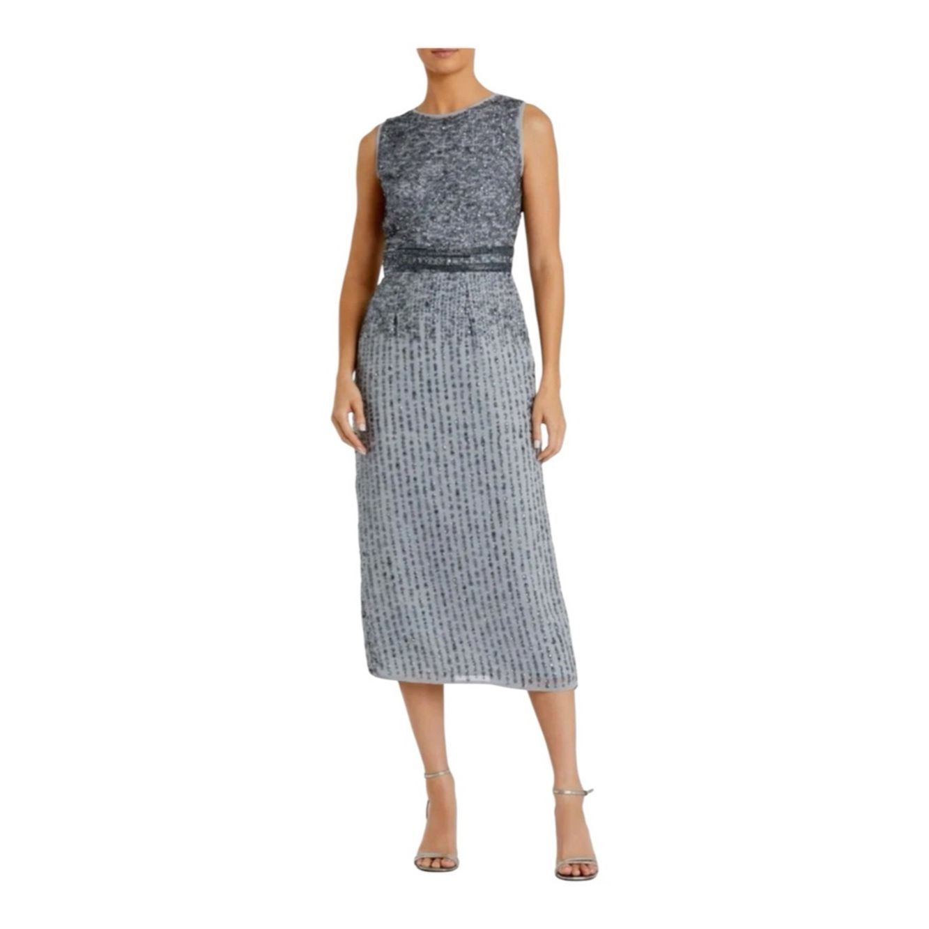 Mac Duggal Mac Duggal 10509 Beaded Sequin Midi Dress Silver Gray Sleev Size S / US 4 / IT 40 - 2 Thumbnail