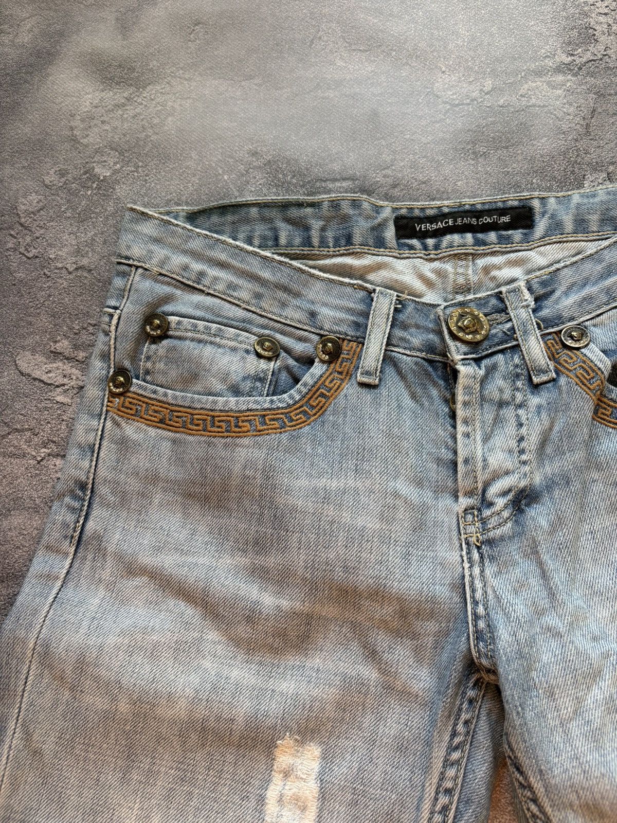 Versace Jeans Couture Vtg Versace Y2K Medusa Logo Distressed Bootcut Flared Jeans Size 29" - 11 Thumbnail