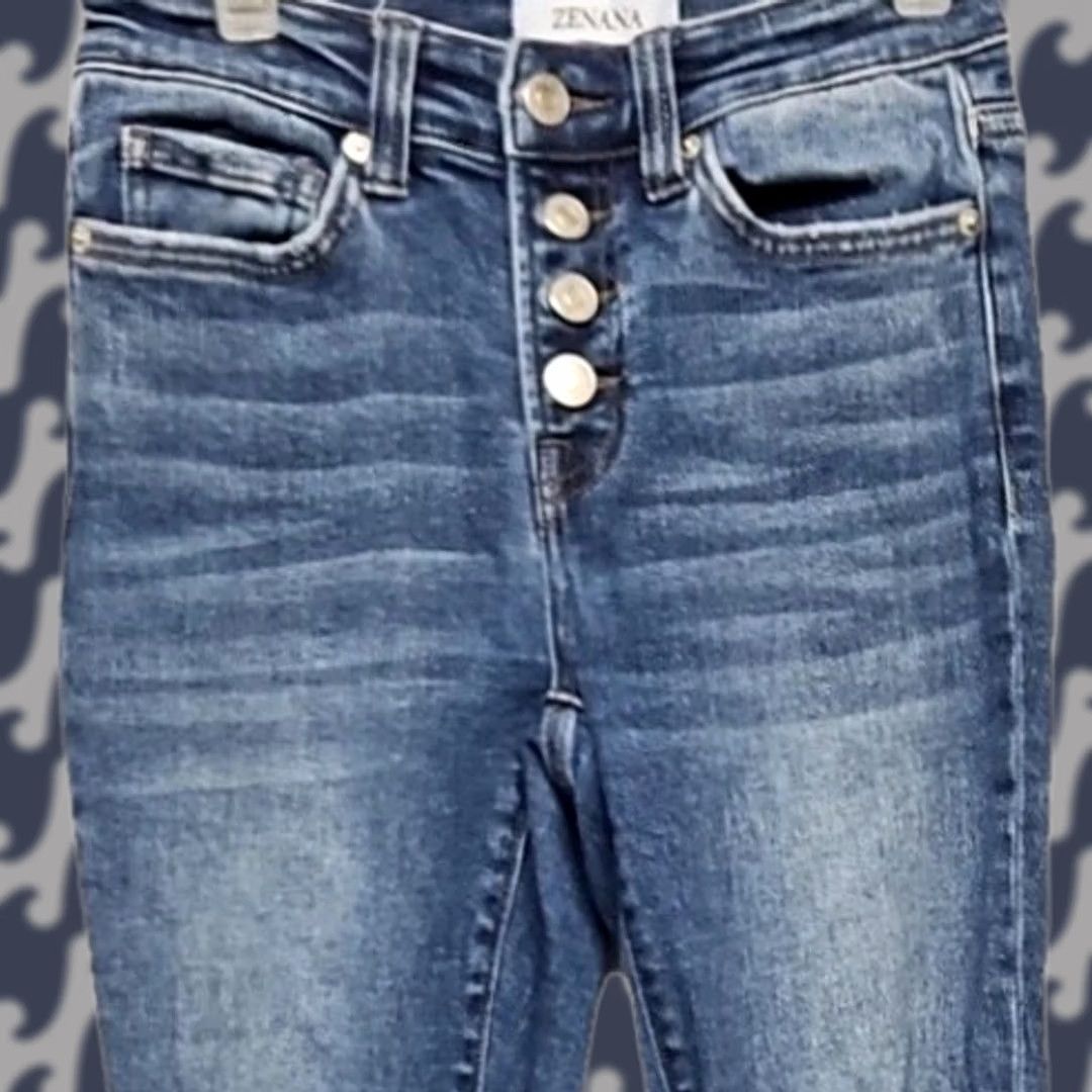 Vintage Zenana Womens High Rise Flare Jeans Size 24 Button Fly Distressed Stretch Denim Blue 29 Inseam Regular Rise Jeans Womens 24 Regular XS? Size 42" / US 20 - 1 Thumbnail