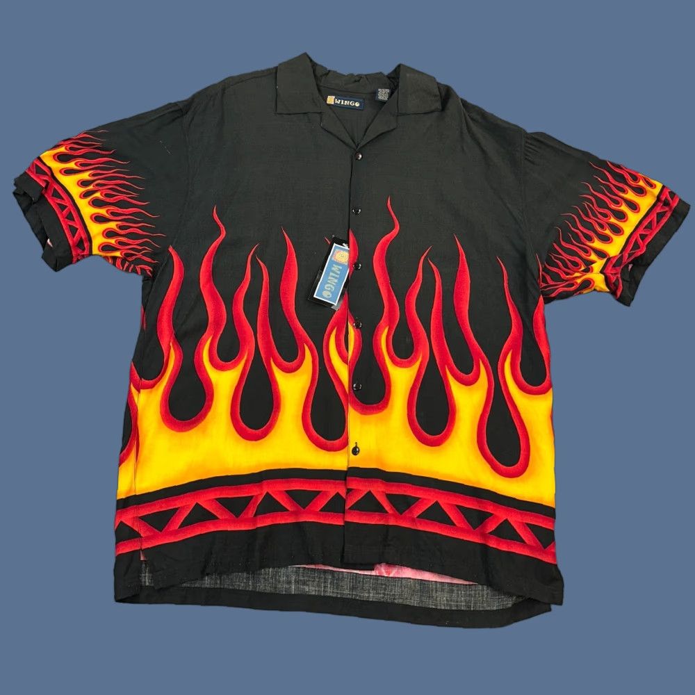 Vintage VINTAGE Wingo Shirt Mens XL Black All Over Flame Print Short Sleeve Camp Y2K Size US XL / EU 56 / 4 - 1 Thumbnail