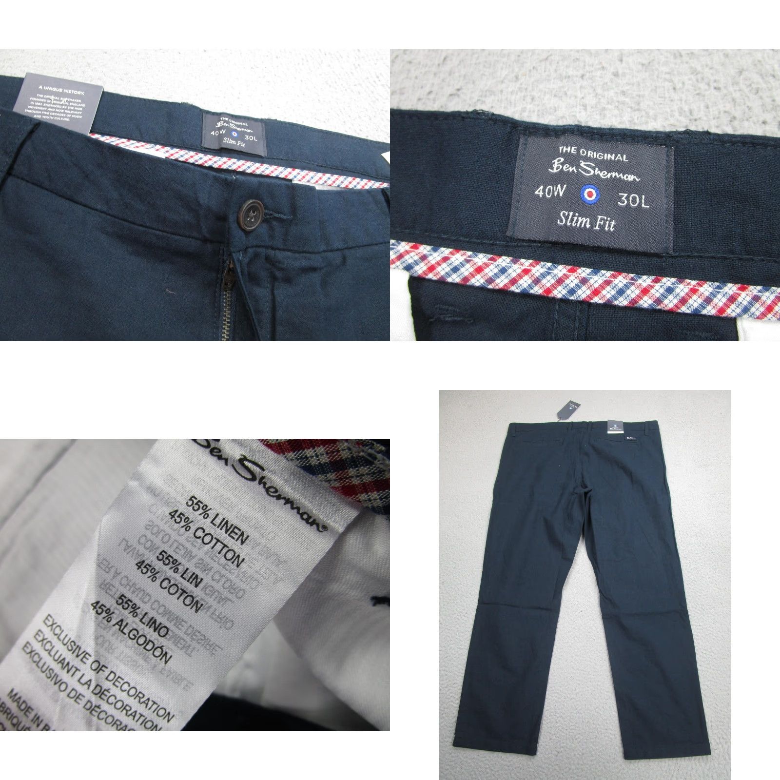 Ben Sherman Ben Sherman Pants Mens 40x30 Slim Fit Linen Cotton Chinos Midnight Navy BS13WB238 Size US 40 / EU 56 - 8 Thumbnail