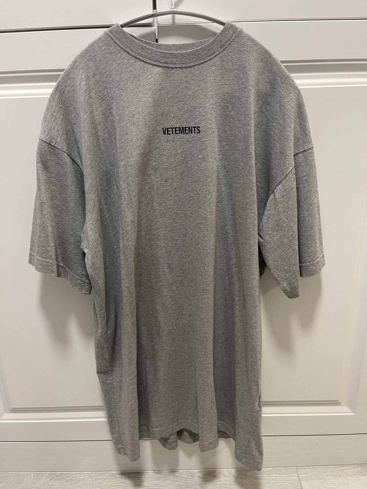 image of Vetements Back Label Logo Tee in Grey, Men's (Size XS)