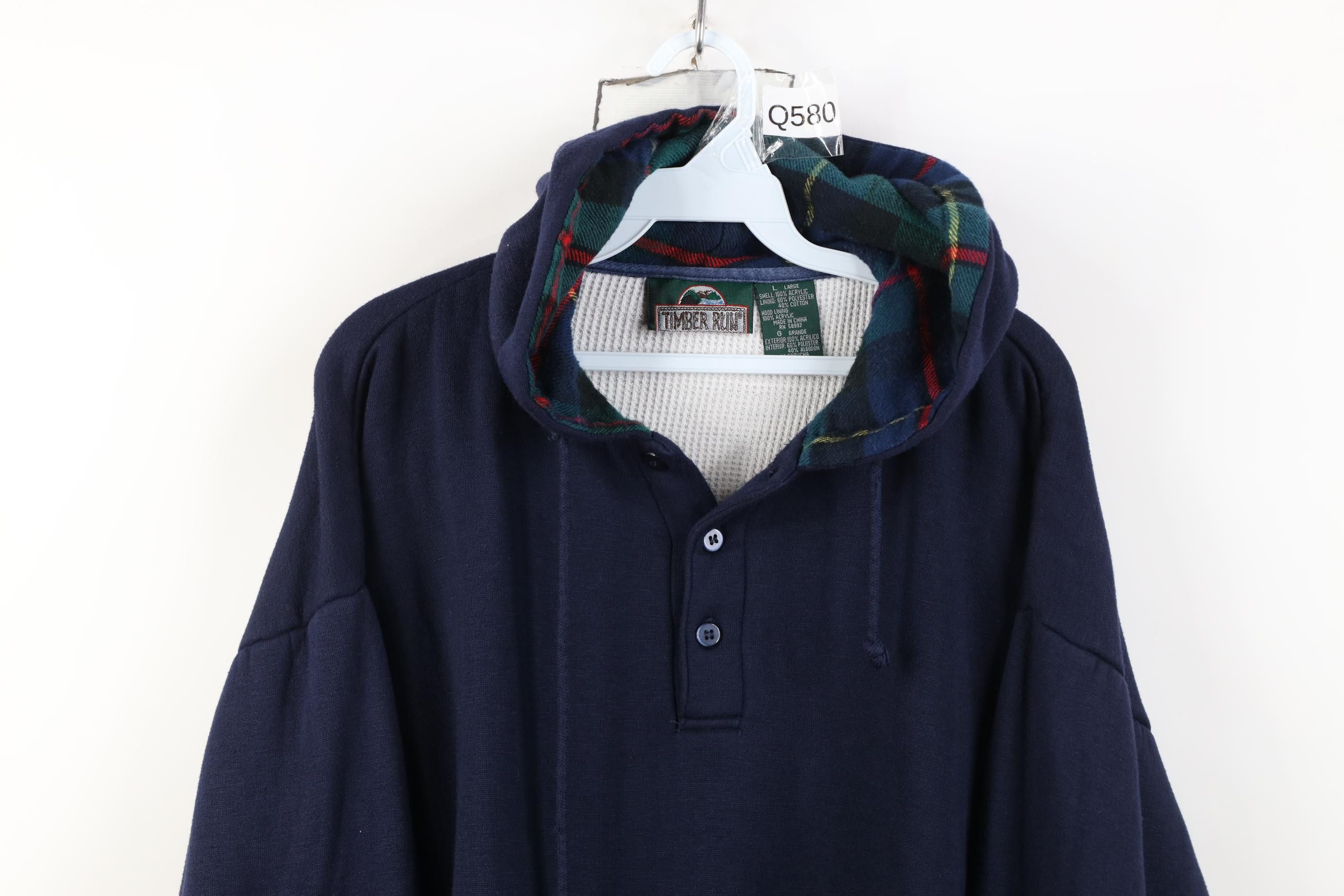 Vintage Vintage 90s Streetwear Waffle Knit Lined Henley Hoodie Blue Size US L / EU 52-54 / 3 - 2 Thumbnail