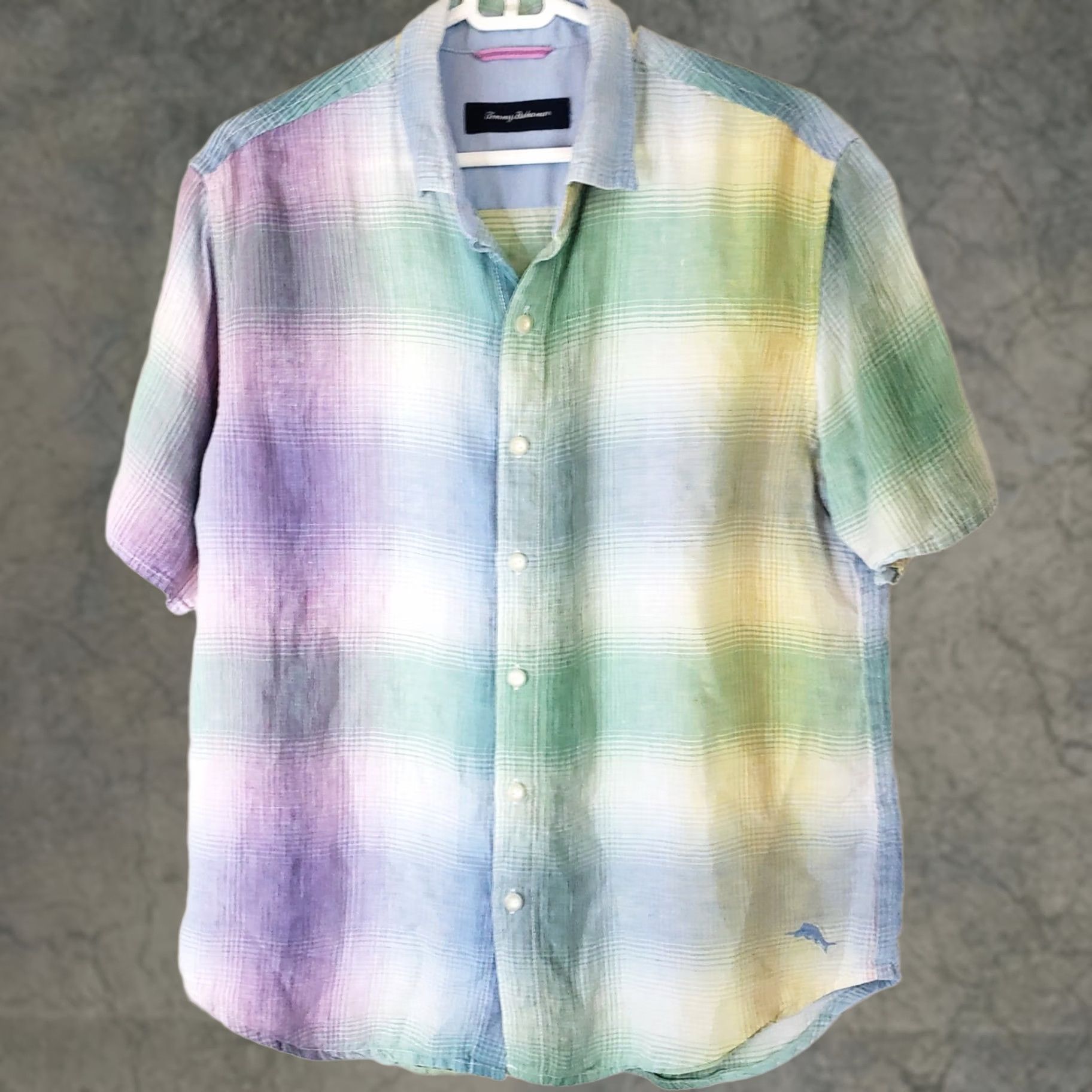 Tommy Bahama Tommy Bahama Men's M Purple Multicolor Plaid 100% Linen Short Sl Shirt Fish Logo Size US M / EU 48-50 / 2 - 1 Thumbnail
