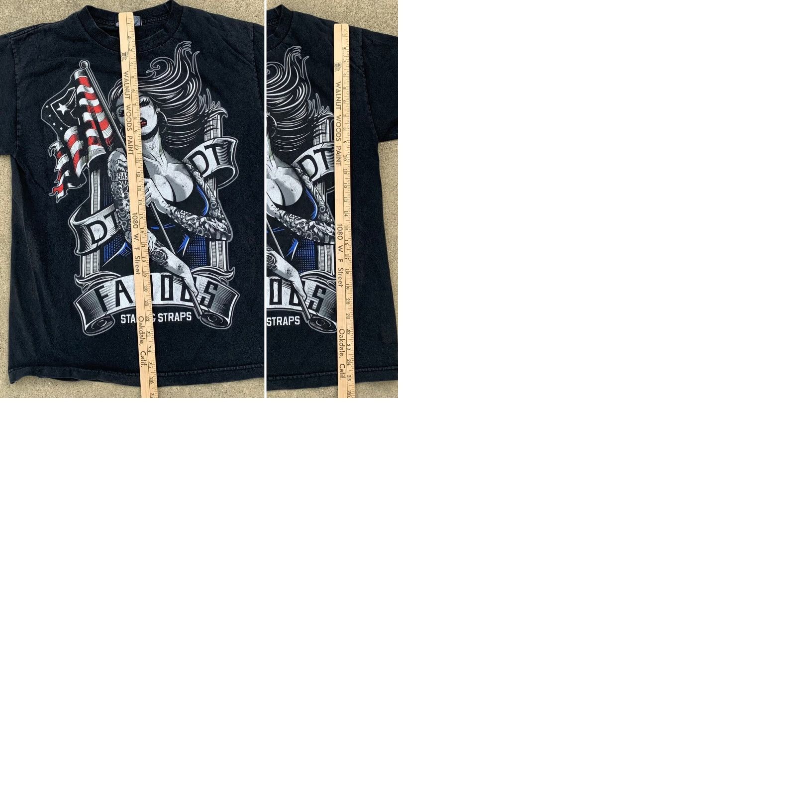 Vintage Famous Stars & Straps T-Shirt M Black Cotton Graphic Print Tattooed Woman Flag American Tattooed Woman Lady Female 1990s 80s? Size US M / EU 48-50 / 2 - 9 Thumbnail