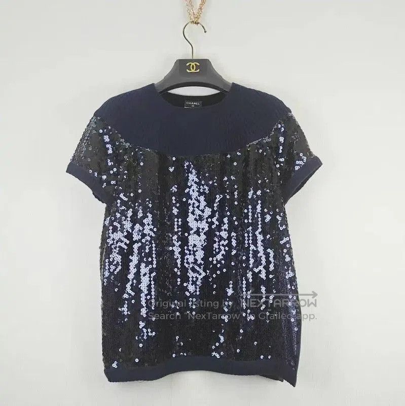 Chanel Chanel Navy Cotton Blend T-Shirt . Size L / US 10 / IT 46 - 1 Thumbnail