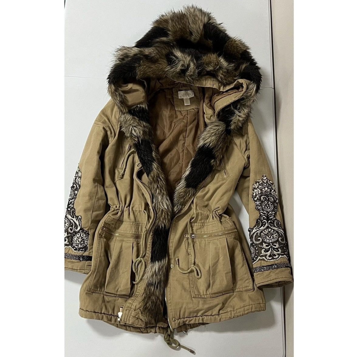 Chicos Chicos Tan Brown Fur Y2K Embroidered Jacket Coat Size 1 🤎✨ Size XS / US 0-2 / IT 36-38 - 3 Thumbnail