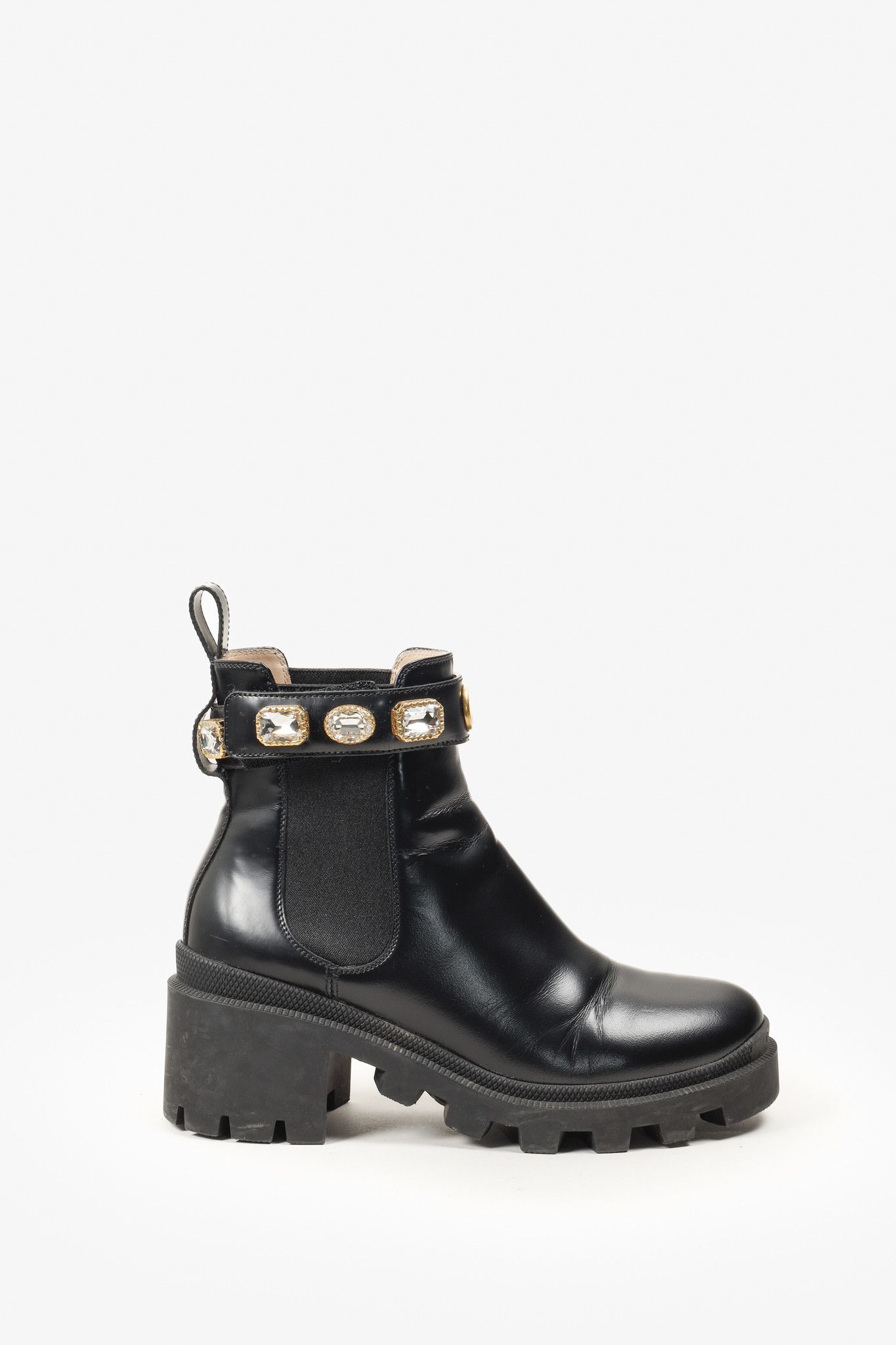 Gucci Black Leather Ankle Boot with Gem Studded Belt