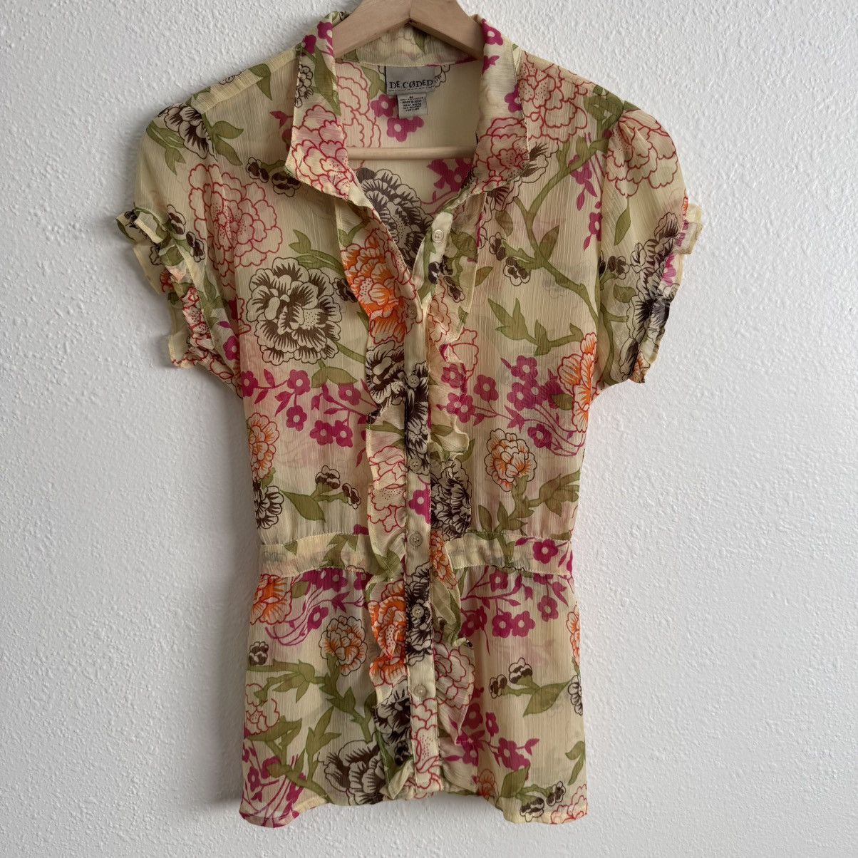 Other DE.CODED Y2K Yellow Floral Sheer Ruffle Button Up Top Size M / US 6-8 / IT 42-44 - 4 Thumbnail