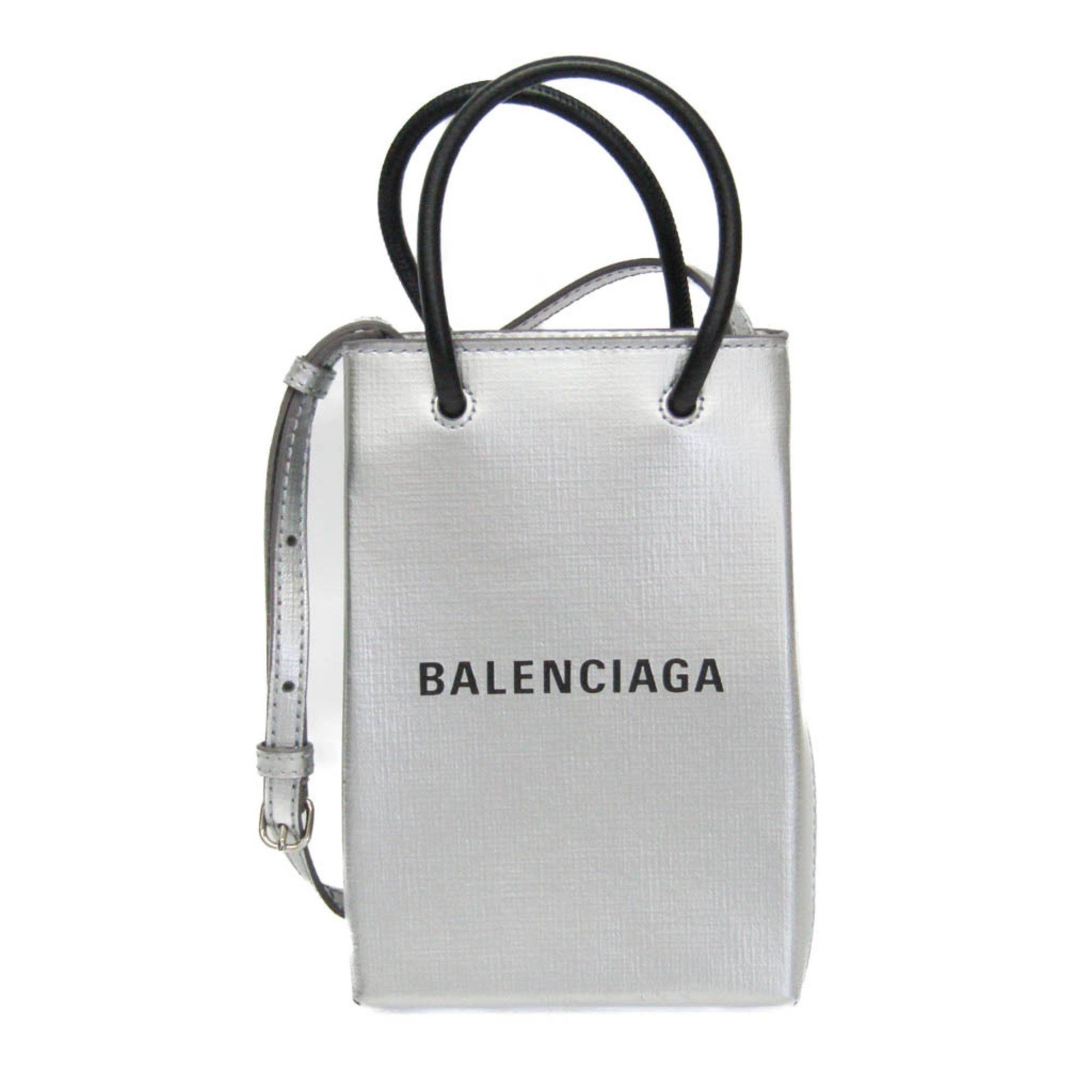 Balenciaga Shopping Phone Holder Shoulder Mini Bag 593826 Women,men Leather Shoulder Bag Silver, Women's