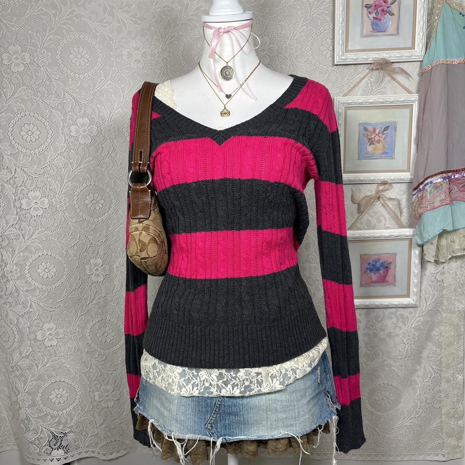 Arizona Jean Co. y2k 2000s striped cable knit fitted sweater Size L / US 10 / IT 46 - 1 Thumbnail