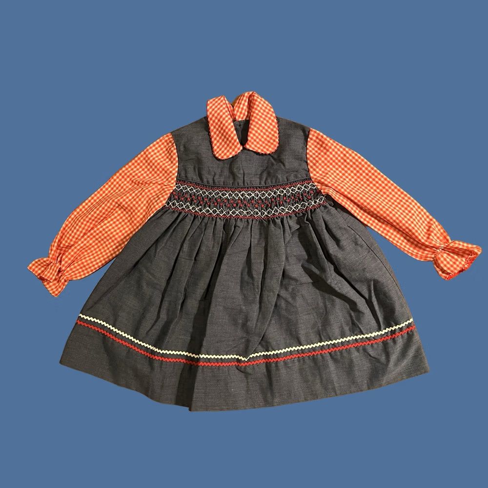 Vintage VINTAGE Polly Flinders Dress Girl's 5 Blue Red Peter Pan Collar 70s Hand Smocked