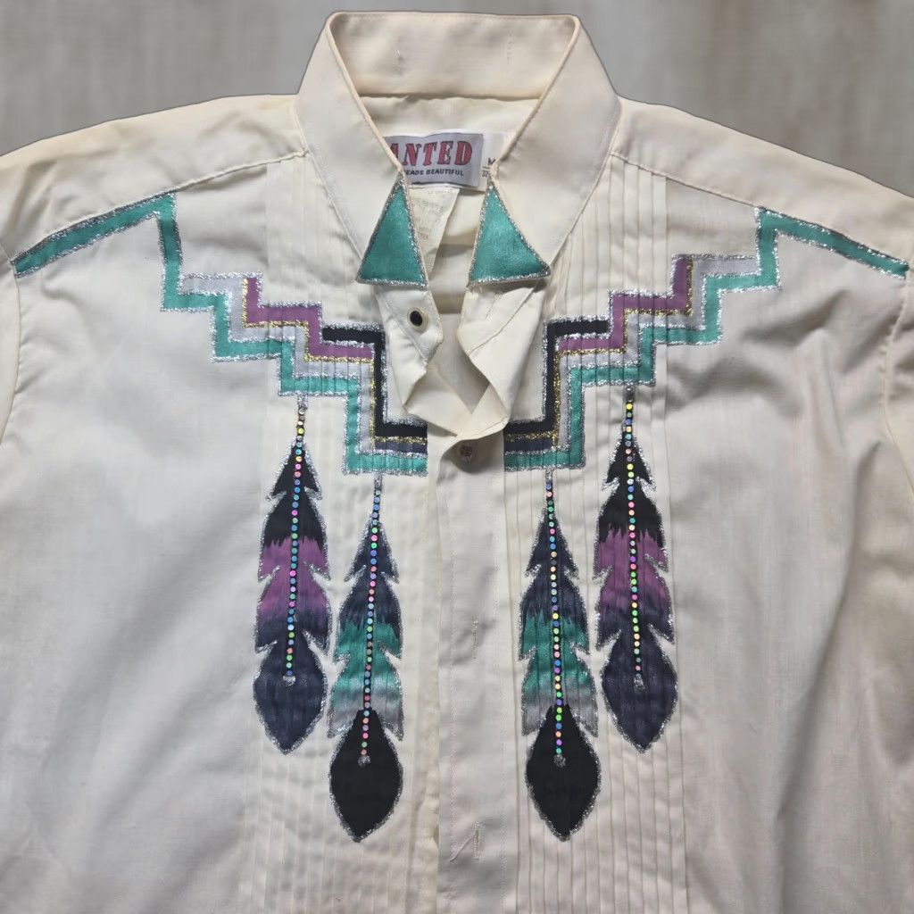 Vintage Vintage Wanted Beads White Dress Shirt Men M 90s Embroidered Rhinestone Long Sleeve Size US M / EU 48-50 / 2 - 1 Thumbnail