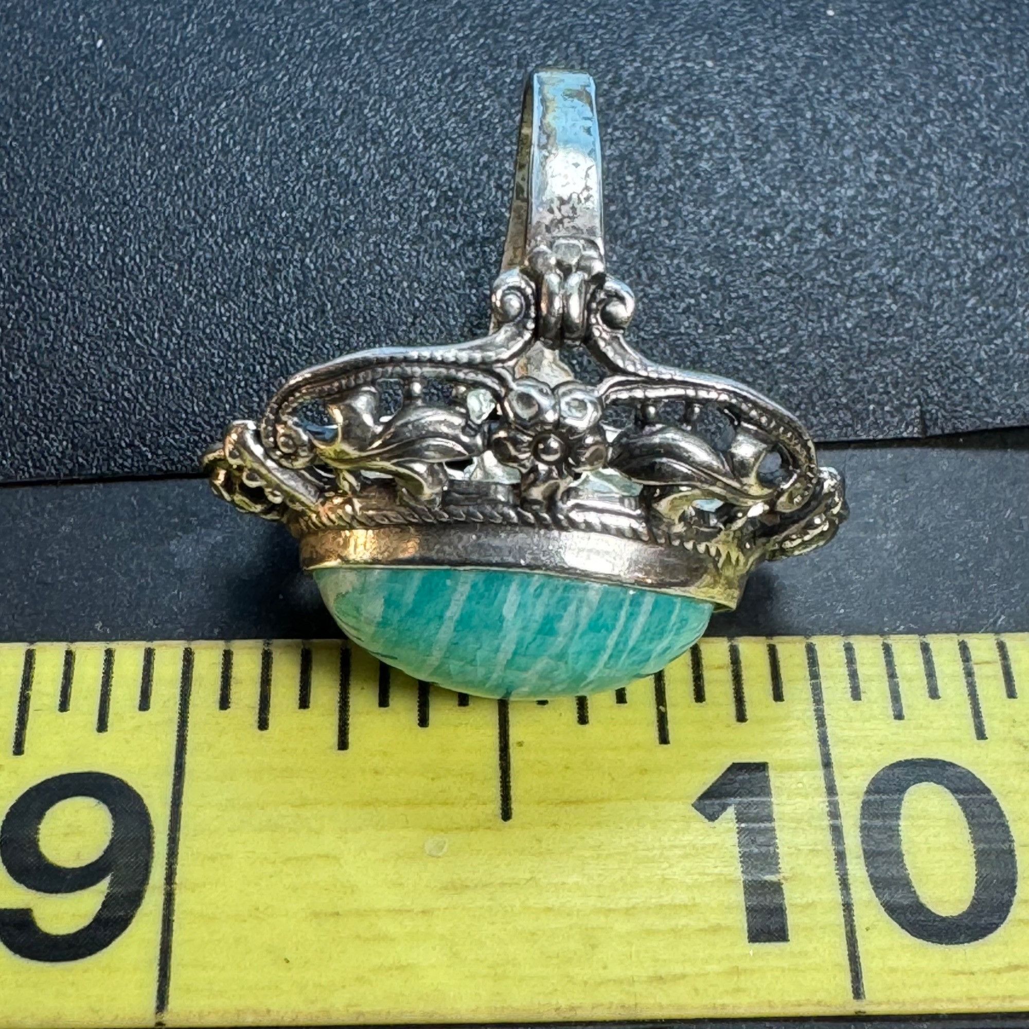 Vintage Sterling Silver 925 Amazonite Bezel Set Floral Border Statem Size ONE SIZE - 5 Thumbnail