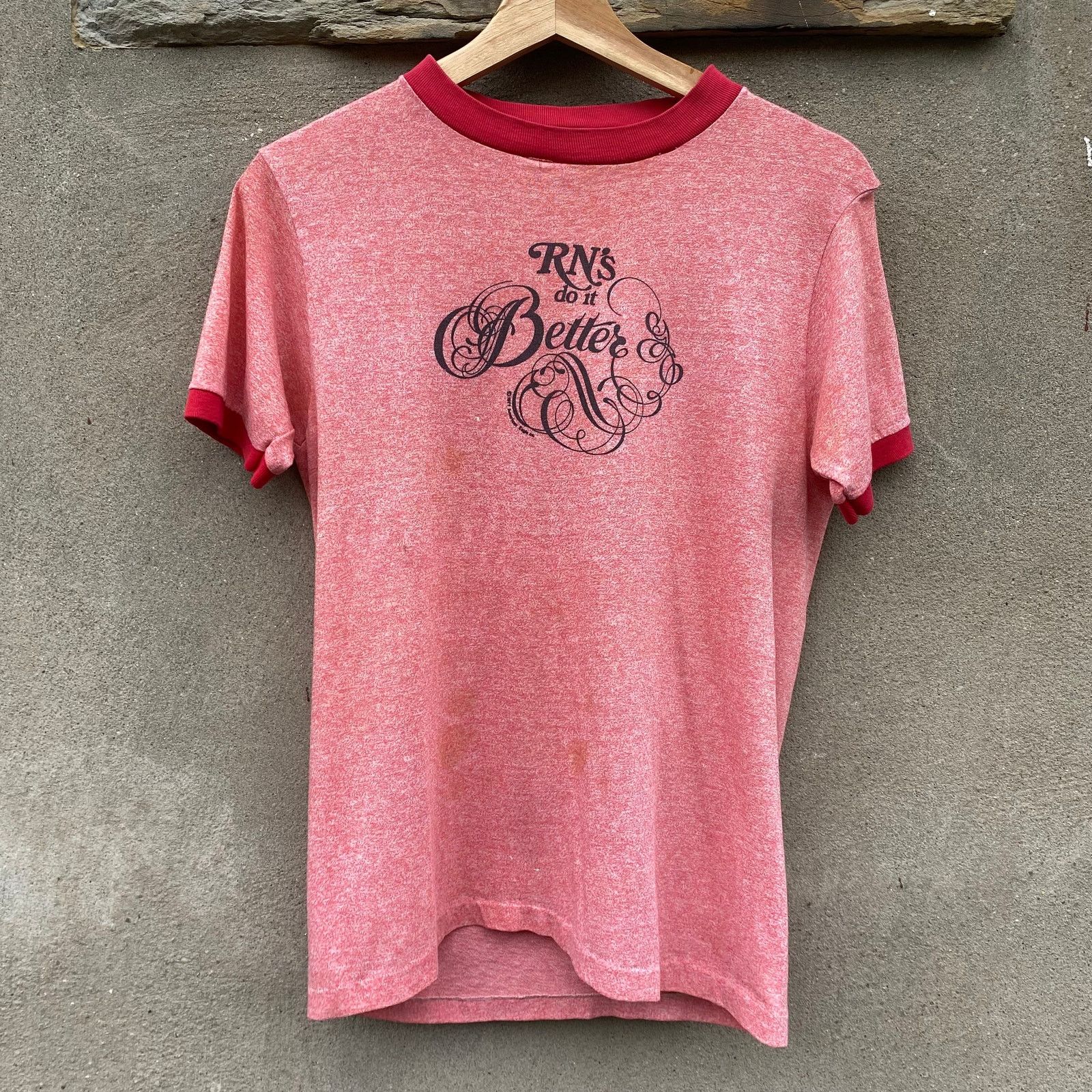 Vintage Vintage RN's Do It Better 70s Nurse Ringer Tee Heather Pink Size S / US 4 / IT 40 - 1 Thumbnail