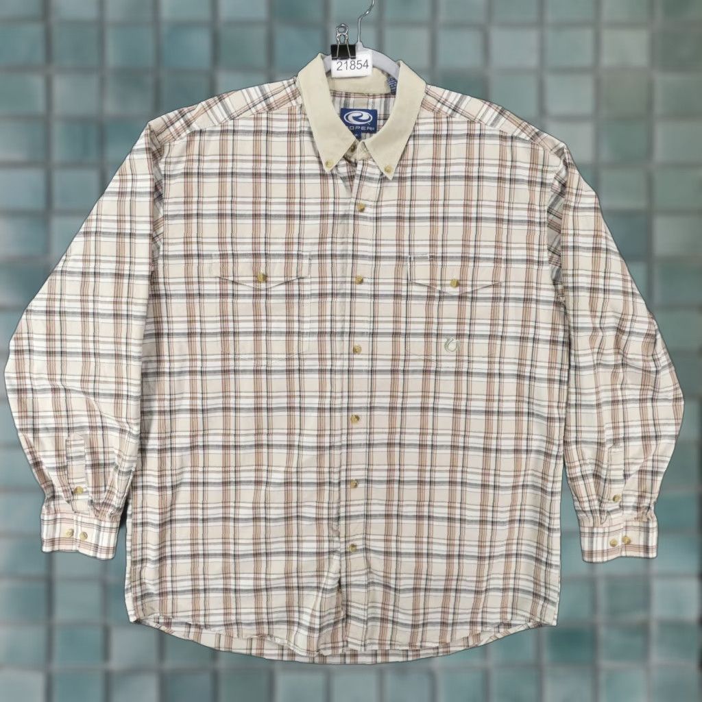 Roper Roper Shirt Mens XL Stretch Long Sleeve Button-Up Beige Plaid Western Size US XL / EU 56 / 4 - 1 Thumbnail