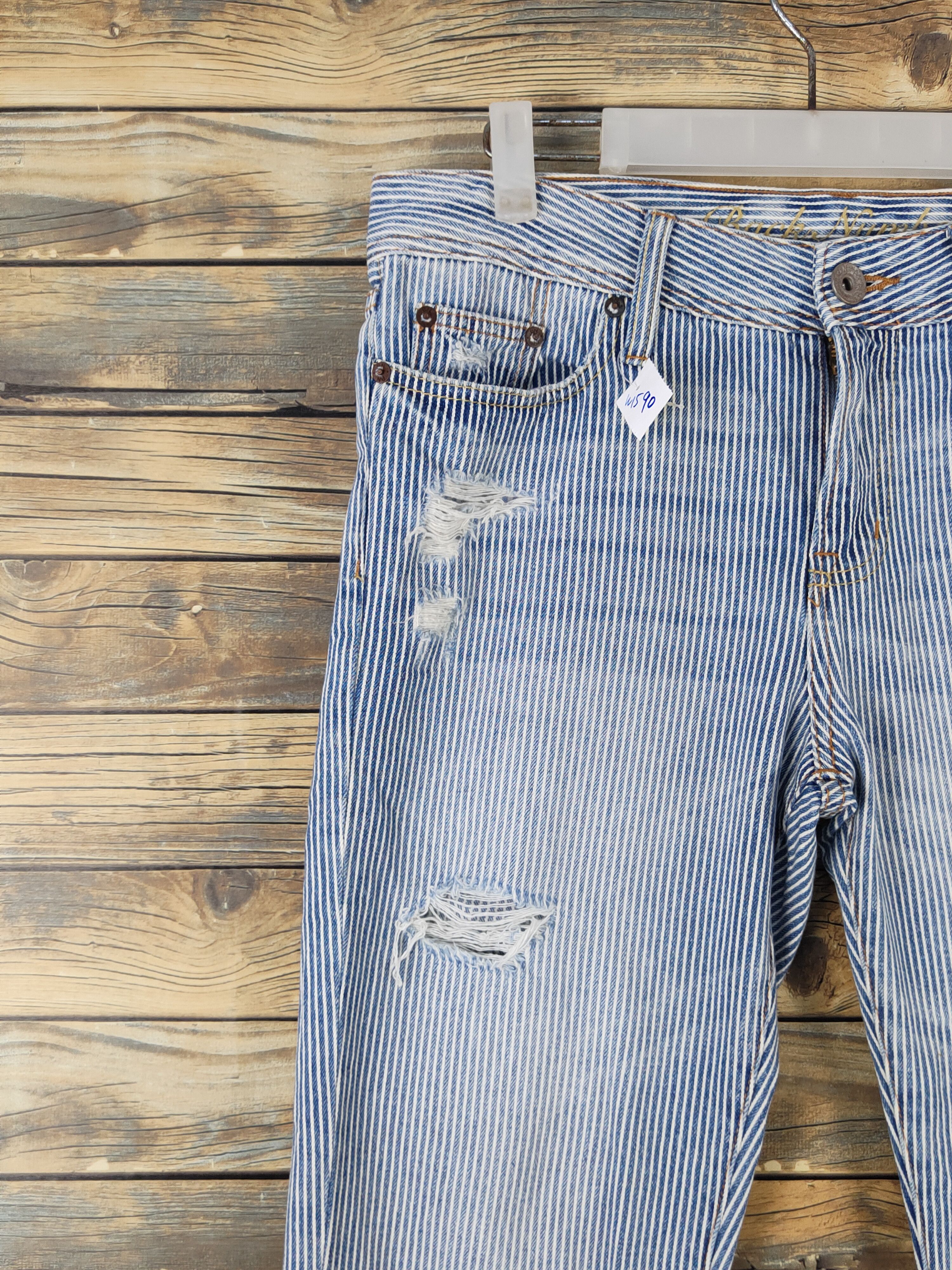 Japanese Brand Back Number Blue Stripe Distressed Ripped denim Jeans #W1590 Size US 34 / EU 50 - 3 Thumbnail