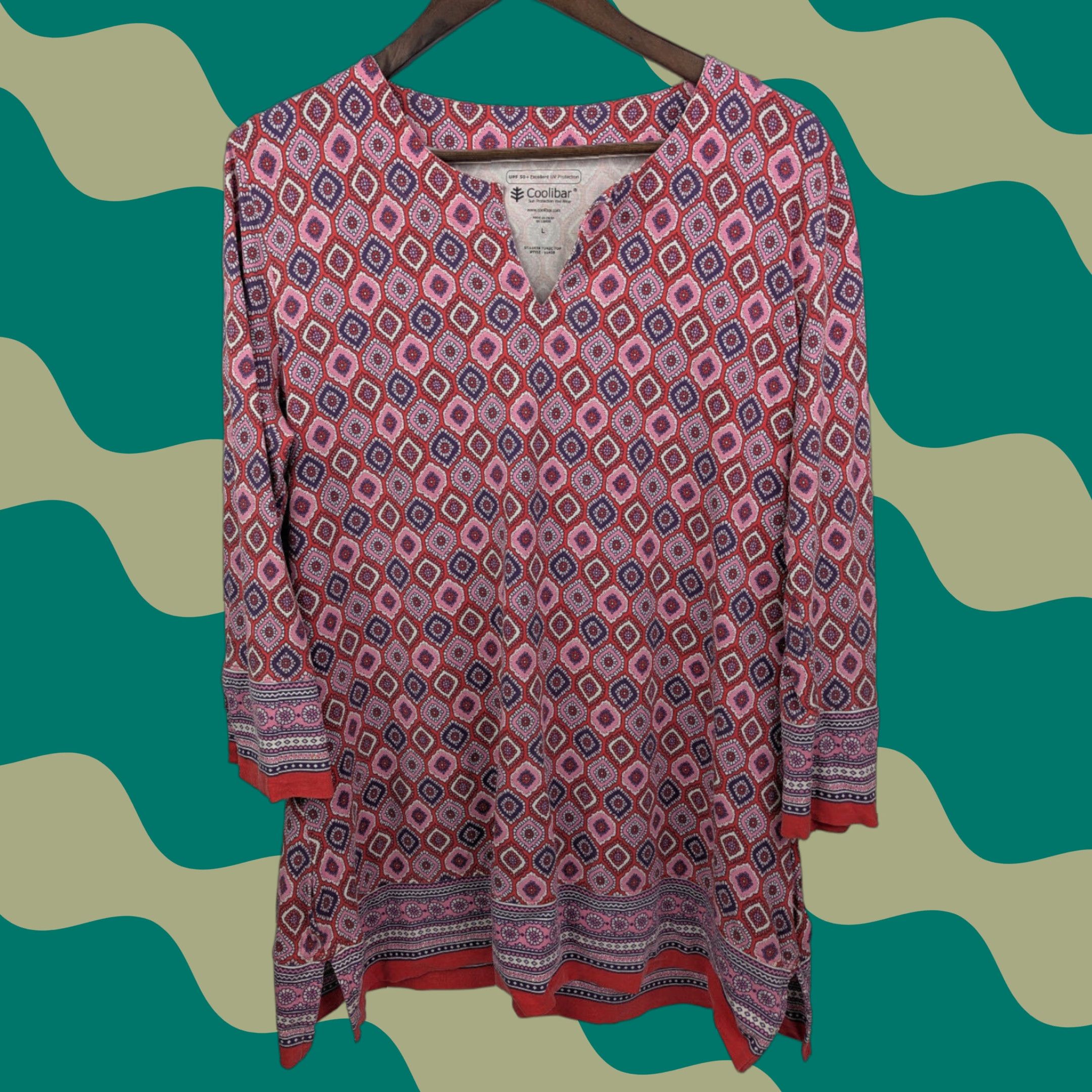 Vintage Coolibar Womens Tunic Large Red Coral Geometric Stretch V Neck UPF 50 Beach Size XL / US 12-14 / IT 48-50 - 1 Thumbnail