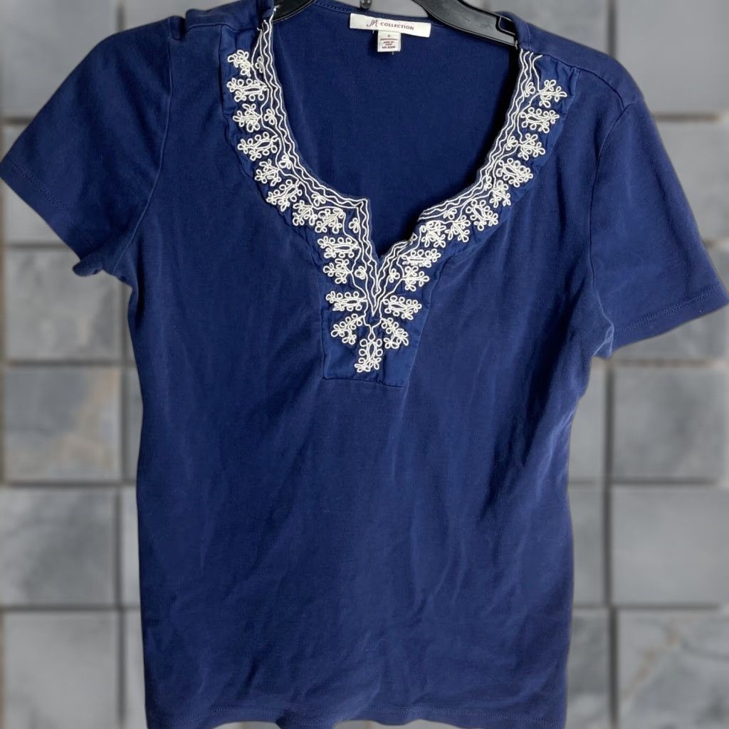 JM Collection JM Collection Shirt Women S Blue Embroidered Short Sleeve Cotton Scoop Neck Boho Casual Vintage No Size S / US 4 / IT 40 - 1 Thumbnail
