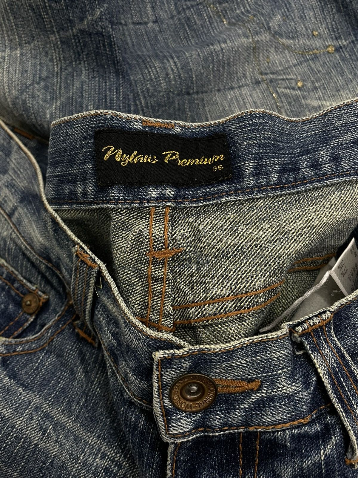 If Six Was Nine VINTAGE DISTRESSED GOLD MUD WASH FLARED NYLAUS JAPAN DENIM Size US 31 - 16 Thumbnail