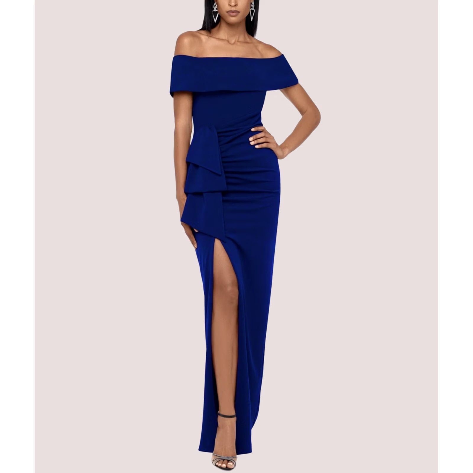 Vintage XSCAPE Womens Dress darkblue 6 Off-Shoulder Ruched Size M / US 6-8 / IT 42-44 - 1 Thumbnail