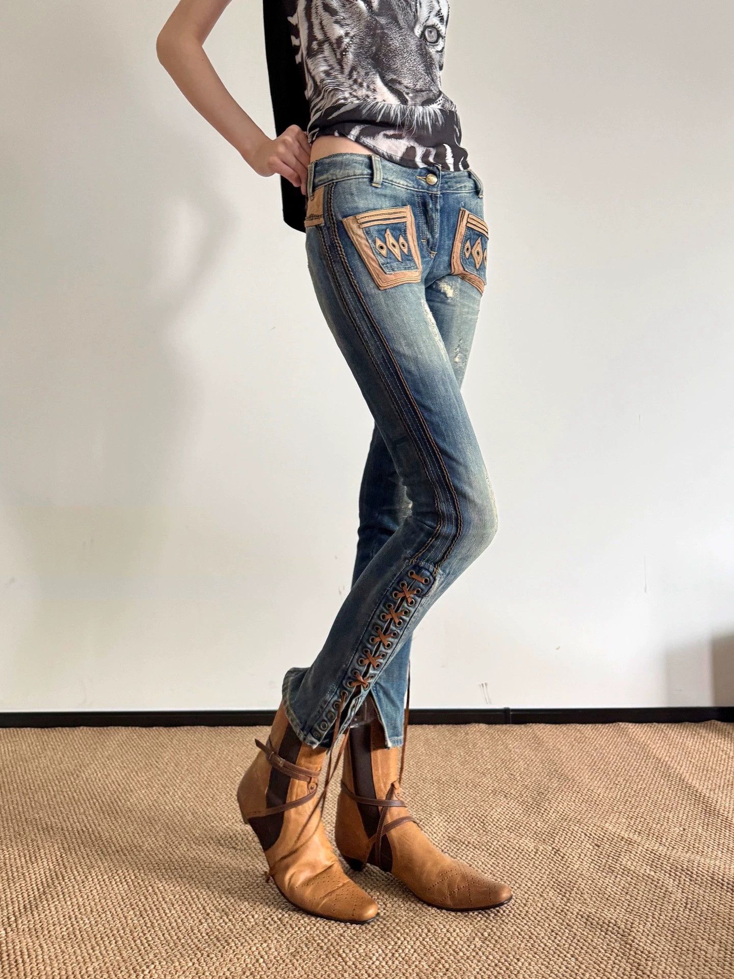 Just Cavalli Just Cavalli Panelled Leather Strap Jeans Size 25 Size 25" / US 0 / IT 36 - 5 Thumbnail
