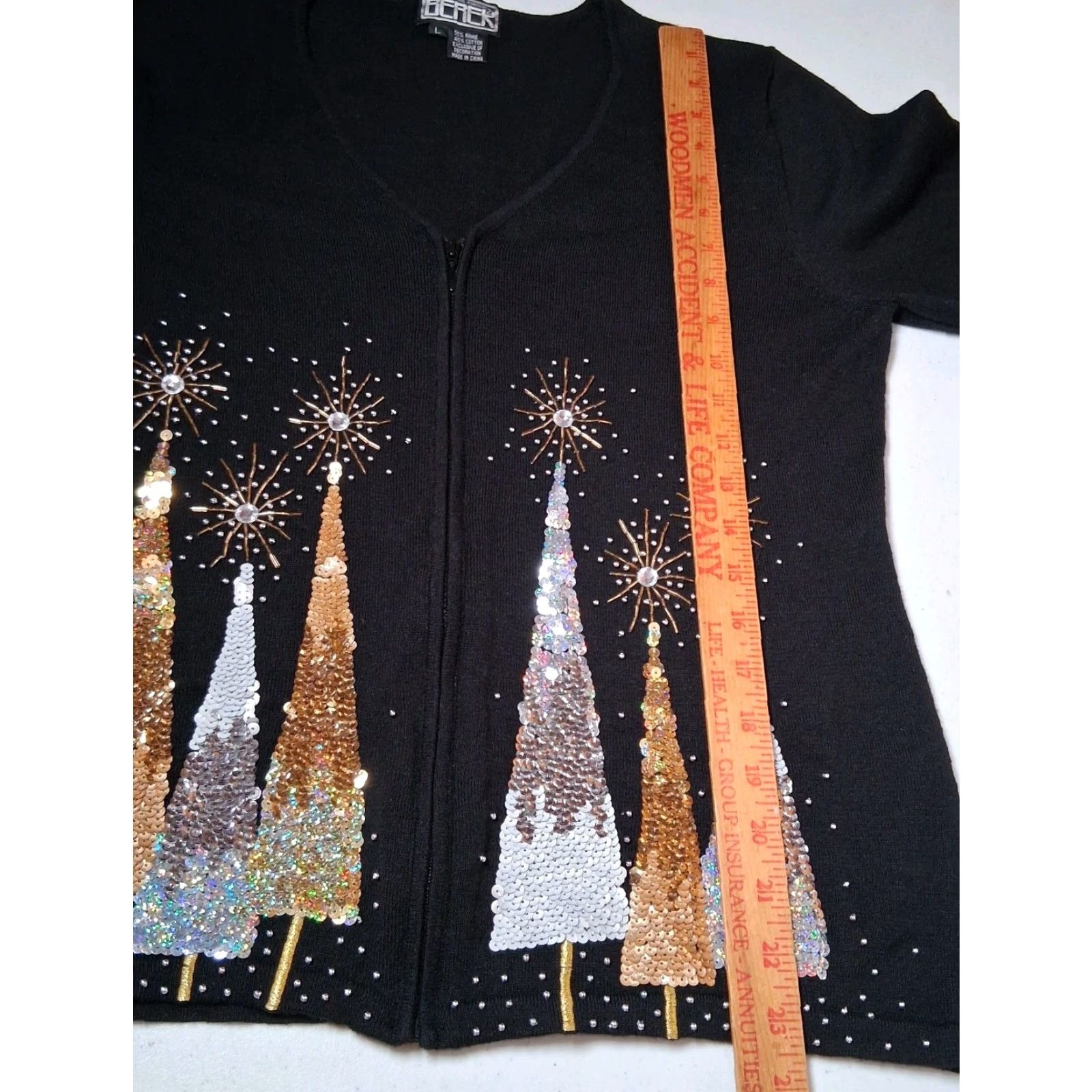 Vintage Berek Cardigan Sweater L Black Beaded Sequins Christmas Pine Tree Winter Womens Size L / US 10 / IT 46 - 4 Thumbnail