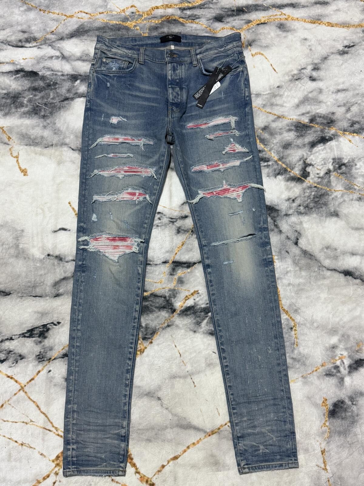 Amiri Amiri Thrasher Pink Bandanna Indigo Denim NEW - Sz33 Size US 33 - 1 Thumbnail