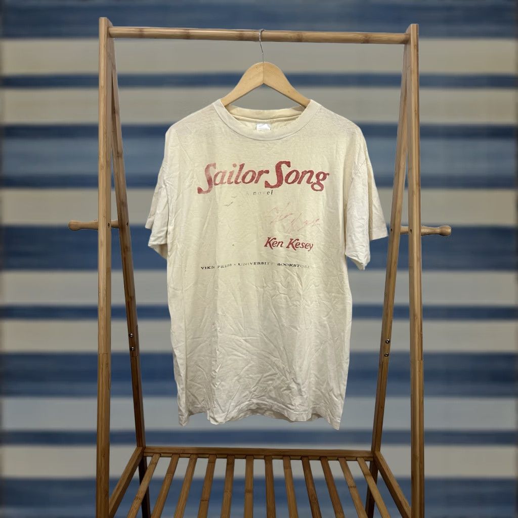 Vintage VTG Sailors Song Ken Kesey Signed T-Shirt Distressed Cream L Mens XP? Size US XL / EU 56 / 4 - 1 Thumbnail