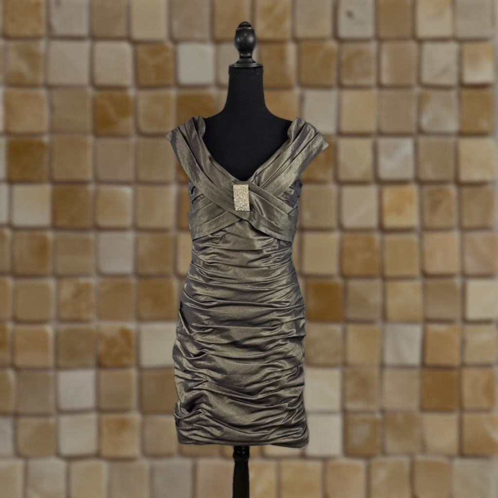 Vintage DAVID'S BRIDAL Off Shoulder Bodycon Dress 10 Gray Jeweled Ruching Womens Size L / US 10 / IT 46 - 1 Thumbnail