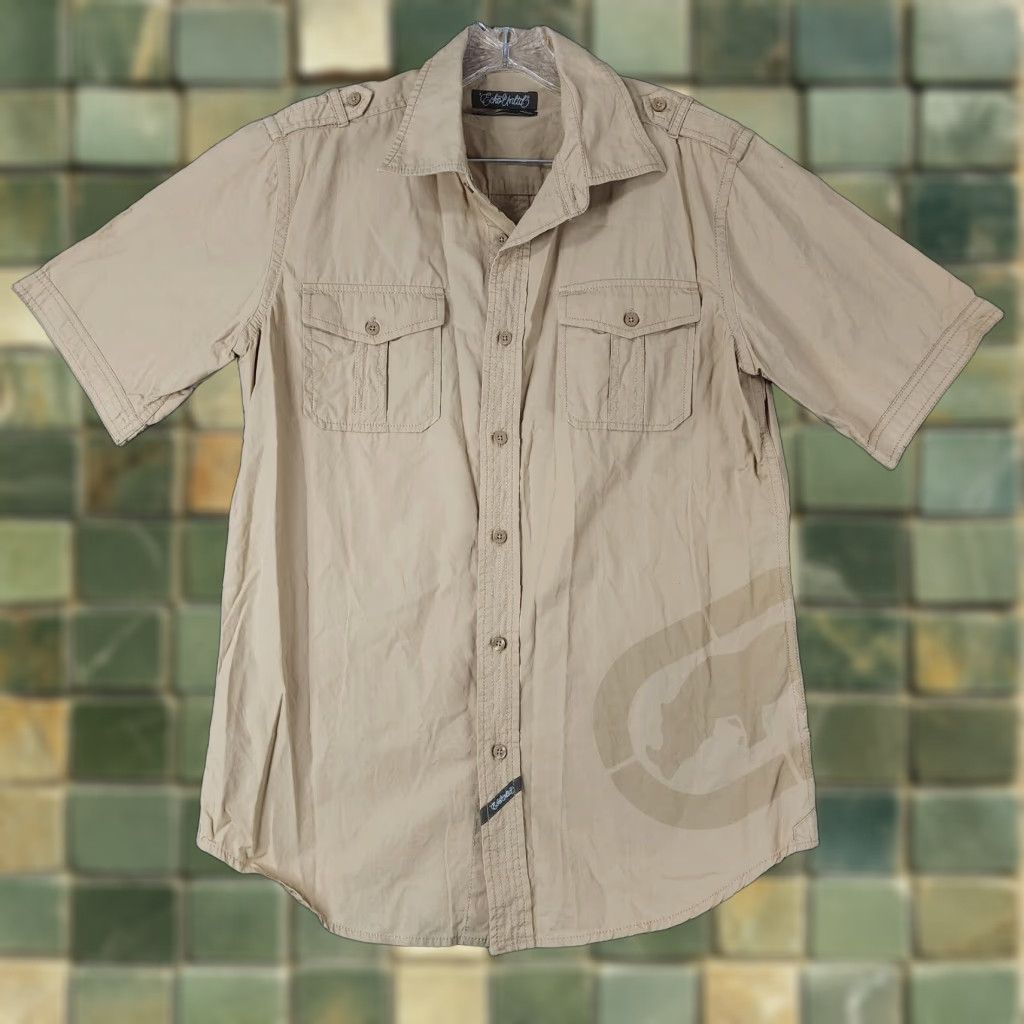 Ecko Unltd. VINTAGE Ecko Unltd Shirt Mens Beige Short Sleeve 100% Cotton Size M Button-Up Mens Size US 31 - 1 Thumbnail