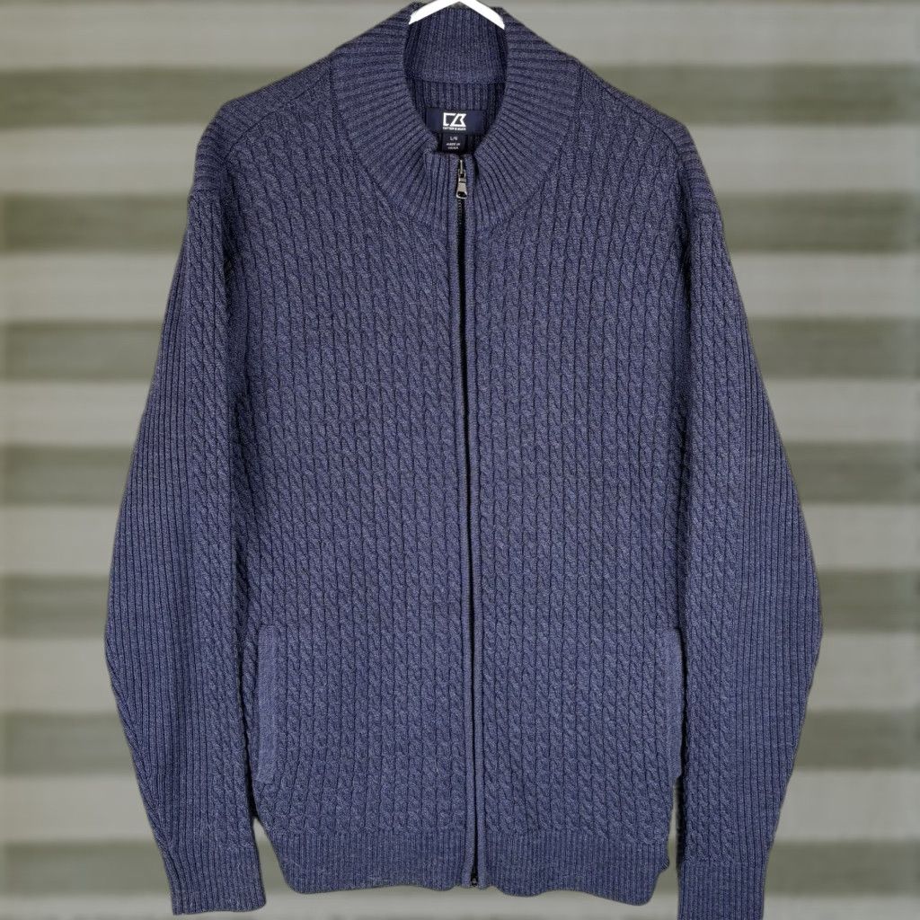Cutter & Buck Cutter & Buck Sweater Mens Large Navy 100% Merino Wool Cable Knit Heavy Full Zip Mock Neck Pullover Casual Size US L / EU 52-54 / 3 - 1 Thumbnail