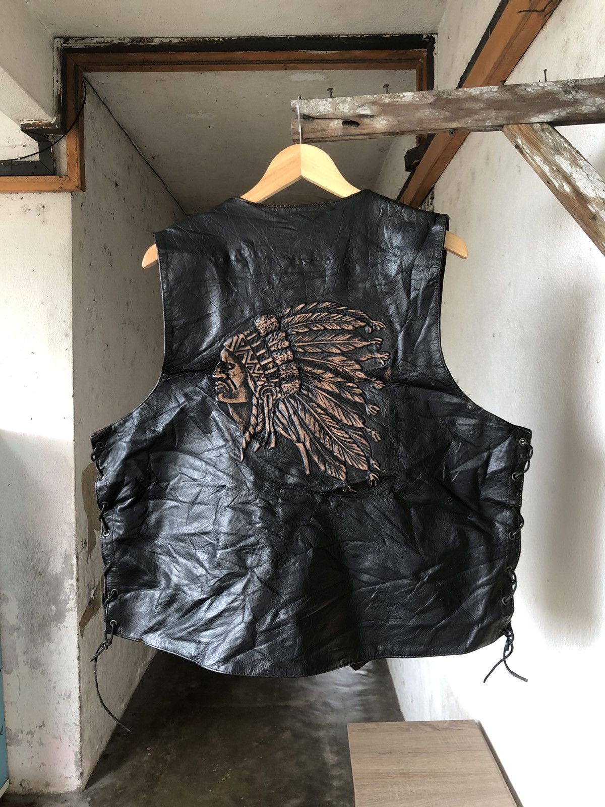 image of Leather Jacket x Moto Vintage Unik Indian Head Leather Vest Like Perfecto in Black, Men's (Size XL)