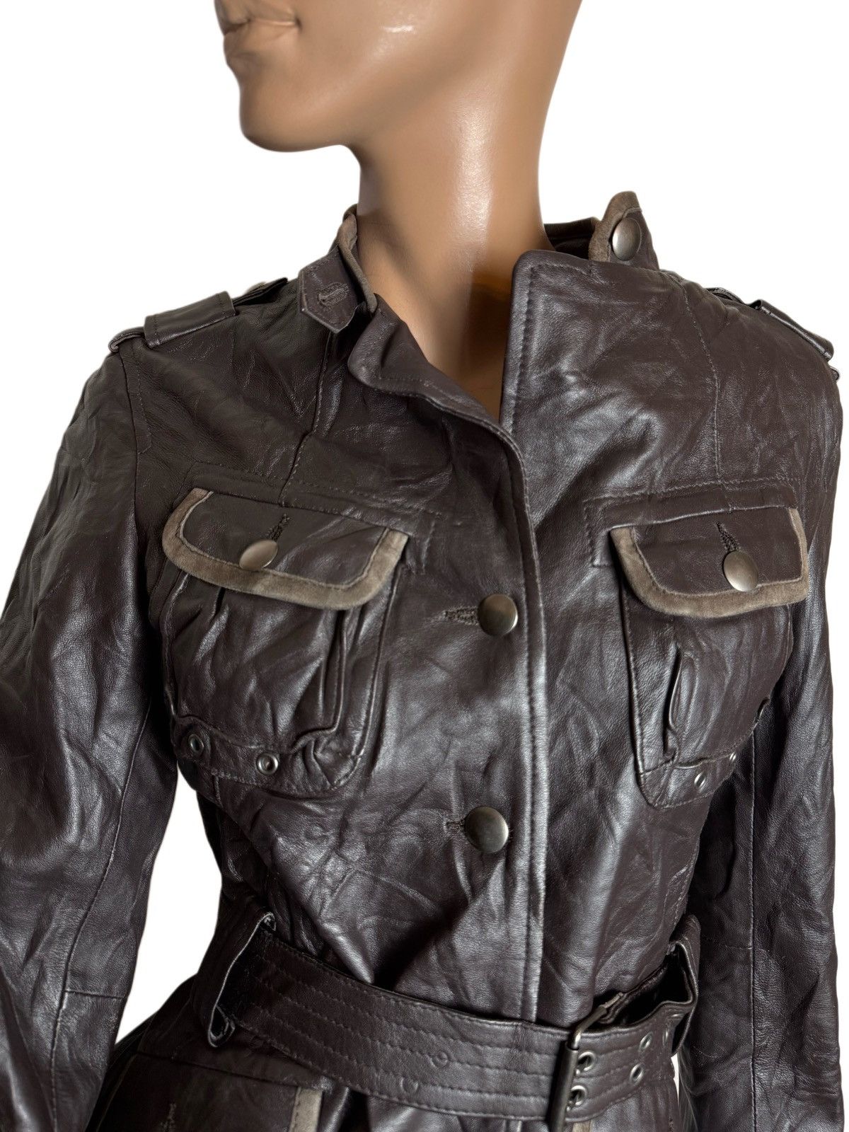 Other Y2K Vintage Leather Jacket Belted Military Biker Napoleon Size S / US 4 / IT 40 - 3 Thumbnail
