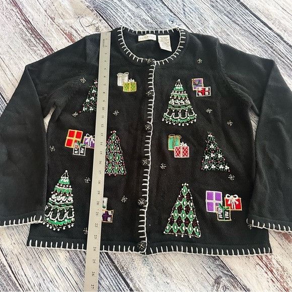 Other Vintage White Stag Beaded Black Festive Cardigan Sweater Size L / US 10 / IT 46 - 8 Thumbnail