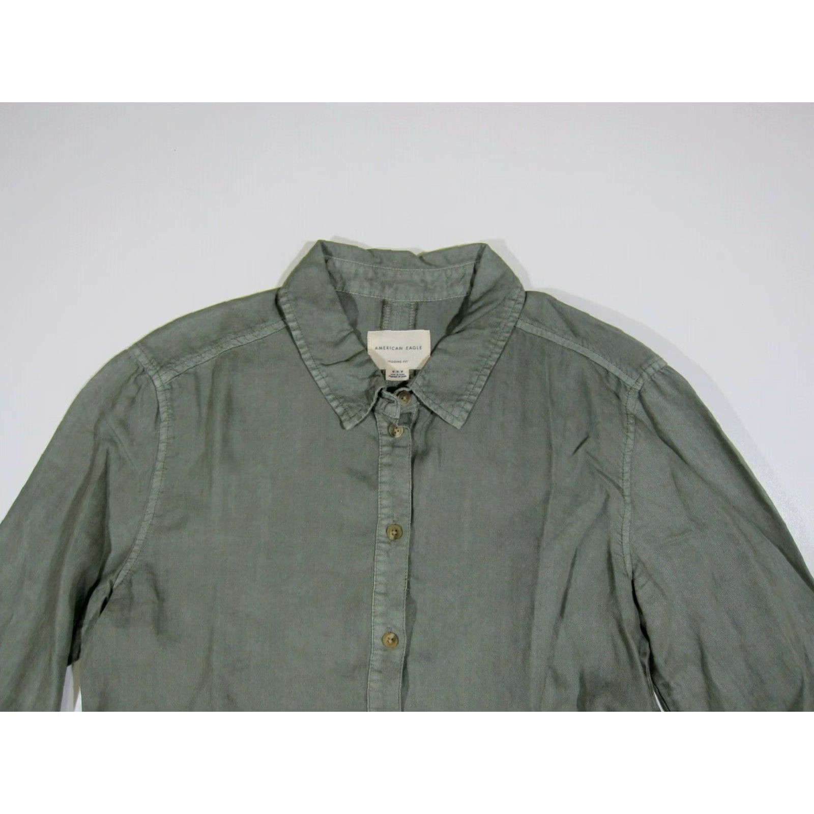 American Eagle Outfitters American Eagle 100% Rayon Green Blouse Jegging Fit Collared Long Sleeve Medium Womens Size M / US 6-8 / IT 42-44 - 3 Thumbnail