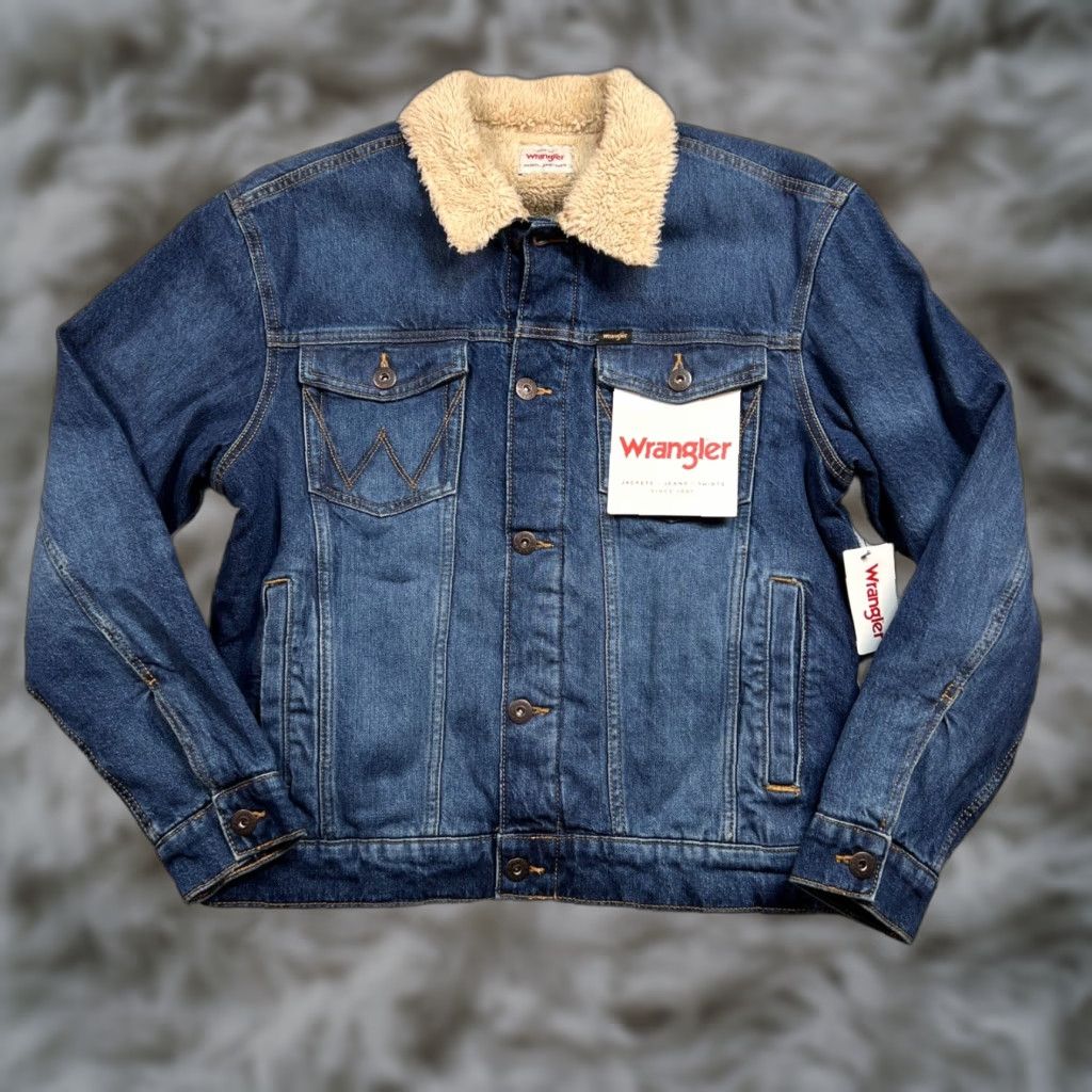 Wrangler Denim Trucker Jacket Men Medium Blue Sherpa Lined Western Workwear NEW